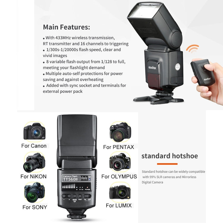 Godox TT560II Wireless 433MHz GN38 Camera Flash Speedlite Light (Black)