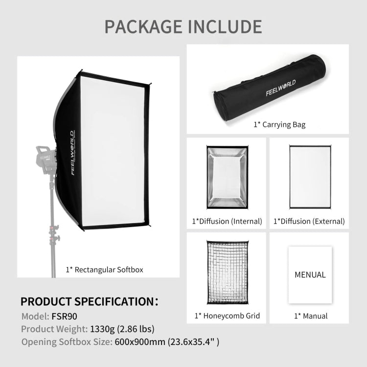 FEELWORLD FSR90 60x90cm Rectangular Softbox Quick Release Bowens Mount Diffuser