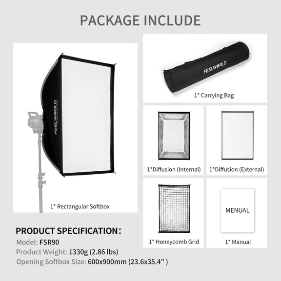 FEELWORLD FSR90 60x90cm Rectangular Softbox Quick Release Bowens Mount Diffuser