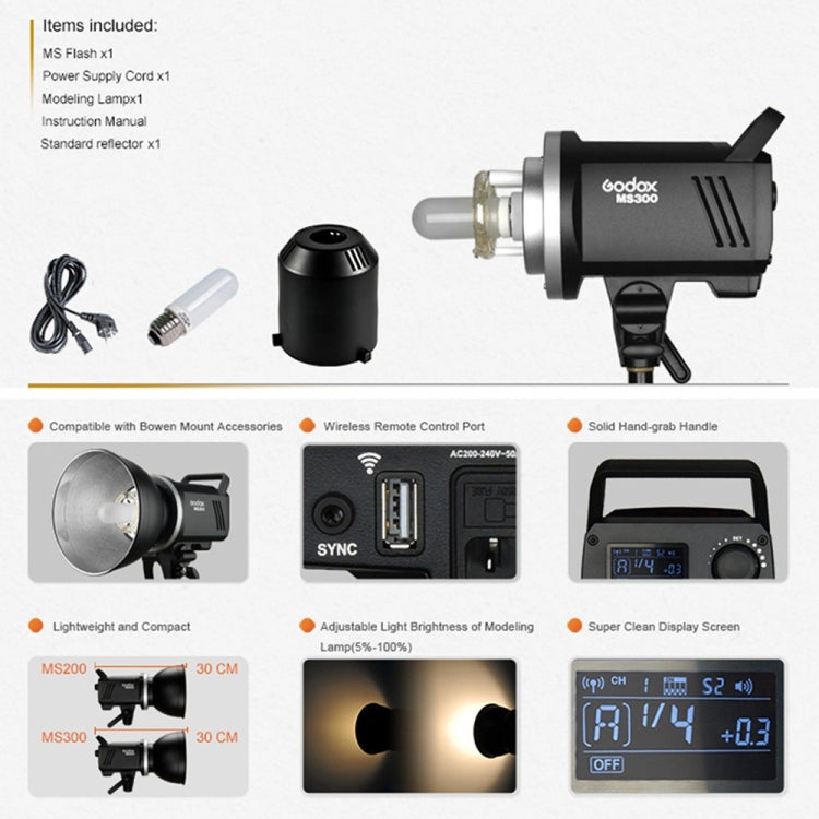 Godox MS300 Studio Flash Light 300Ws Bowens Mount Studio Speedlight (AU Plug)
