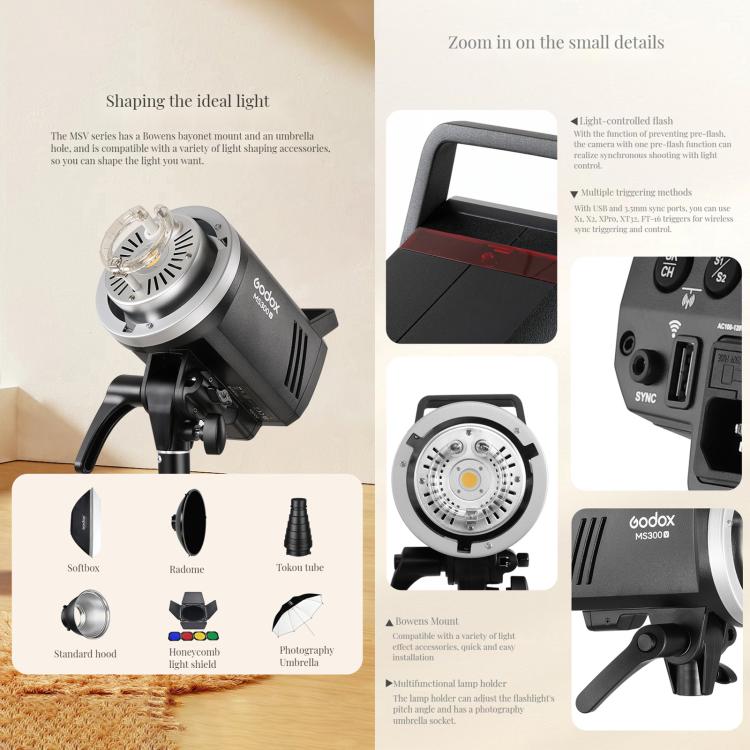 Godox MS200-V Studio Flash Light 200Ws Bowens Mount Strobe Light with Lamp Cover (US Plug)