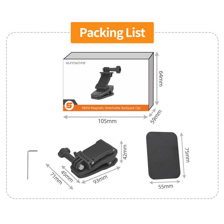 Sunnylife Stretchable Backpack Clip Rotatable Magnetic Mount Action Camera Holder Vlog Mount (Black)