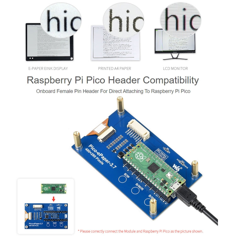 Waveshare 3.7 inch 480x280 Pixel E-Paper E-Ink Display Module for Raspberry Pi Pico, 4 Grayscale, SPI Interface
