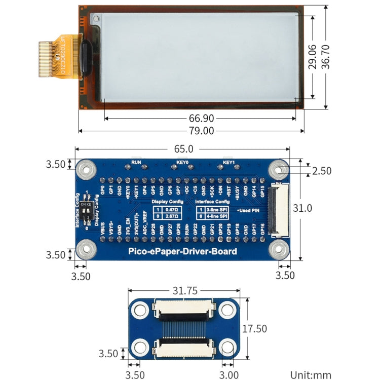 Waveshare 2.9 inch 296 x 128 Pixel Black / White Flexible E-Paper E-Ink Display Module for Raspberry Pi Pico, SPI Interface