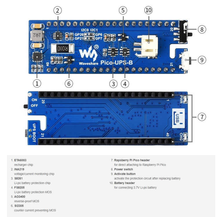 Waveshare UPS Module Uninterruptible Power Supply 600mAh Li-Po Battery Module Stackable Board for Raspberry Pi Pico
