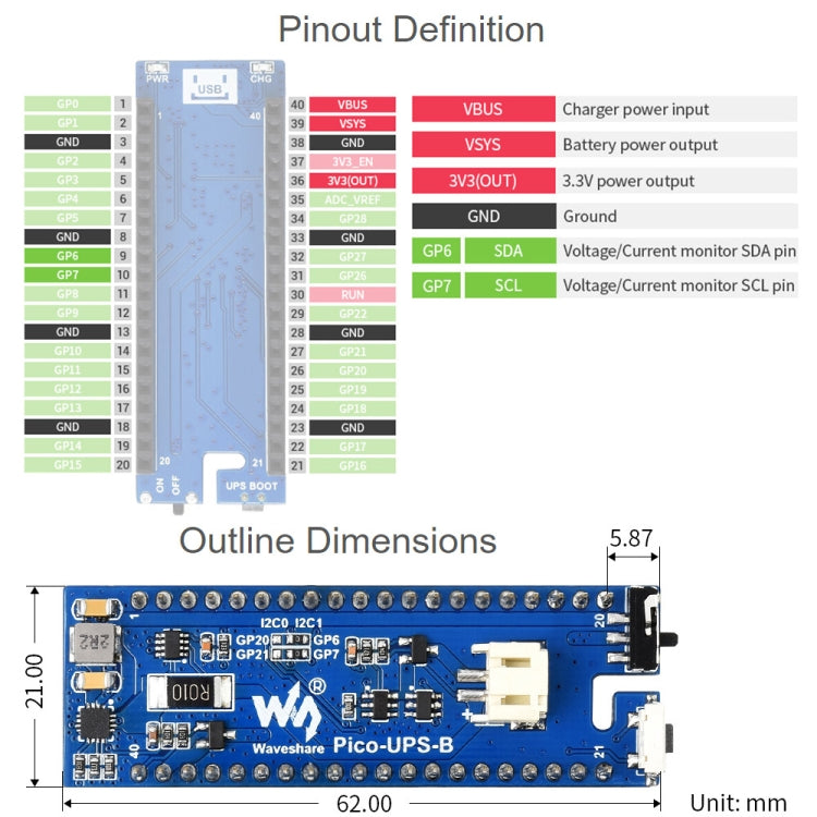 Waveshare UPS Module Uninterruptible Power Supply 600mAh Li-Po Battery Module Stackable Board for Raspberry Pi Pico