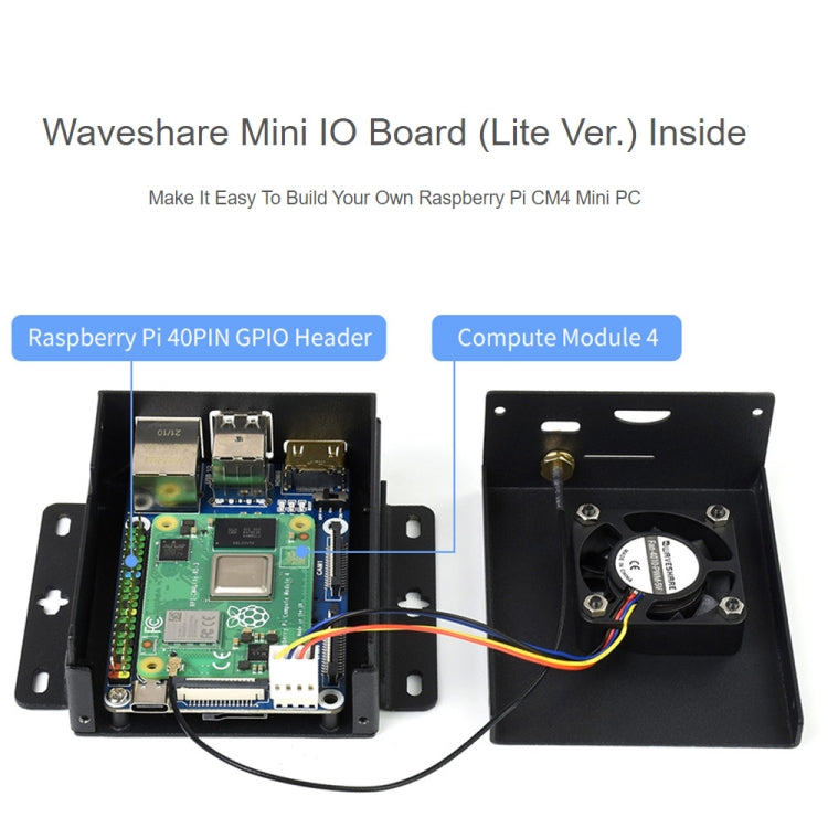 Waveshare Mini IO Board Lite Ver Mini-Computer Base Box with Metal Case & Cooling Fan for Raspberry Pi CM4(US Plug)