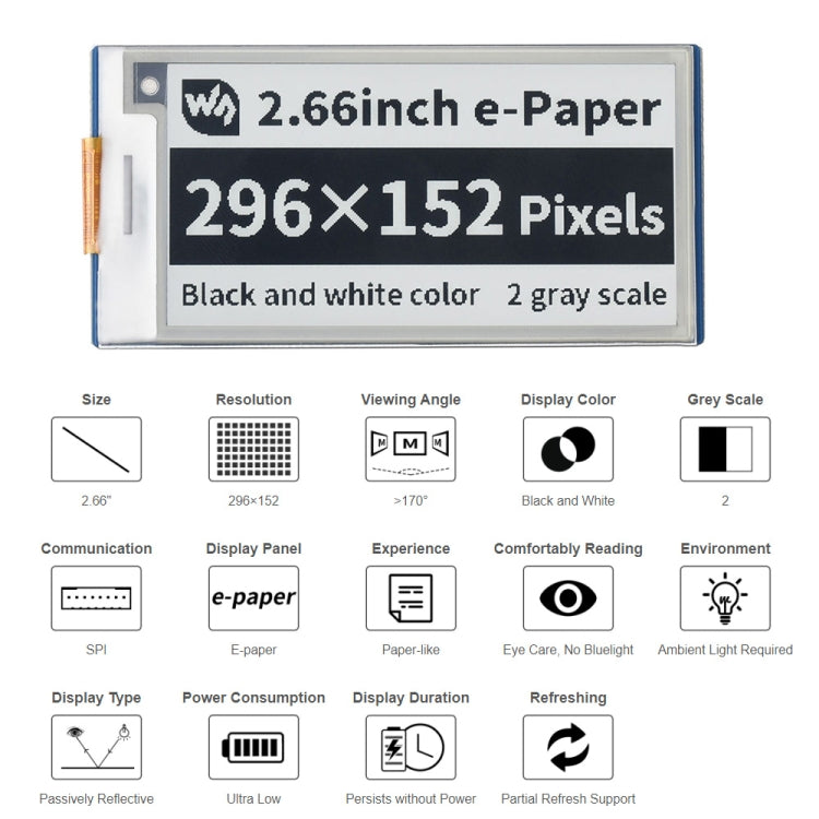 Waveshare 2.66 inch 296 x 152 Pixel Black / White E-Paper E-Ink Display Module for Raspberry Pi Pico, SPI Interface