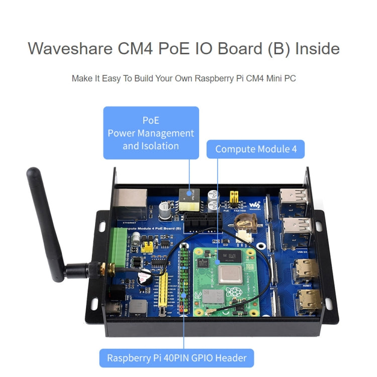 Waveshare PoE Mini-Computer Type B Base Box with Metal Case & Cooling Fan for Raspberry Pi CM4(US Plug)
