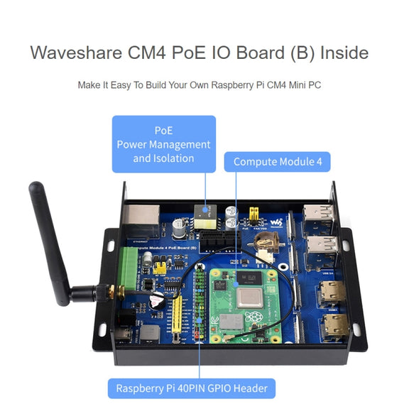 Waveshare PoE Mini-Computer Type B Base Box with Metal Case & Cooling Fan for Raspberry Pi CM4(US Plug)