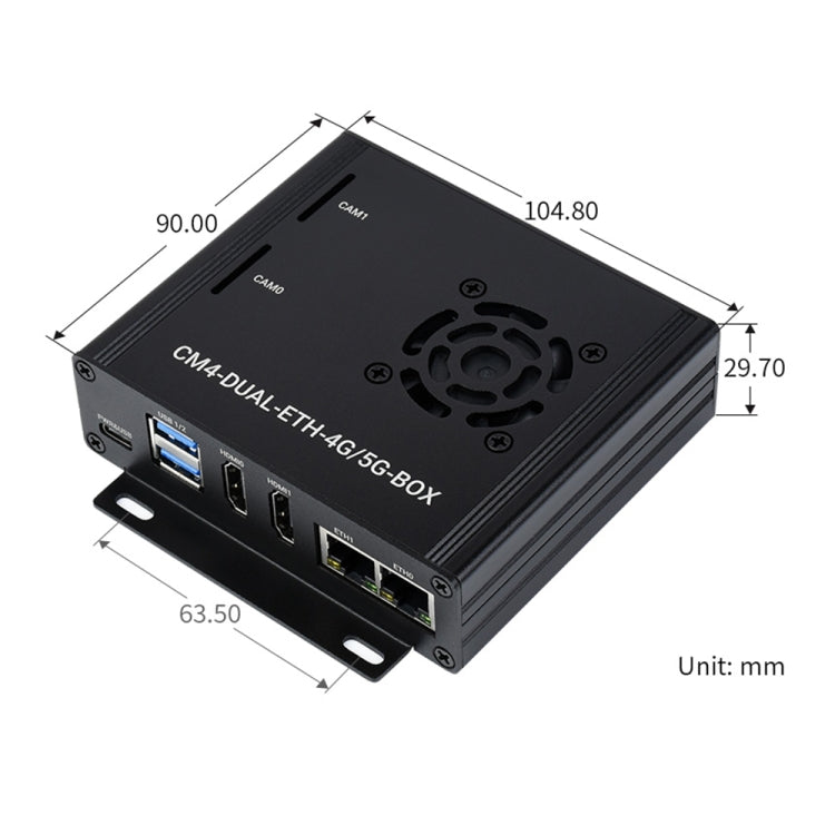 Waveshare Dual Gigabit Ethernet 5G/4G Computer Box with Cooling Fan for Raspberry Pi CM4(EU Plug)