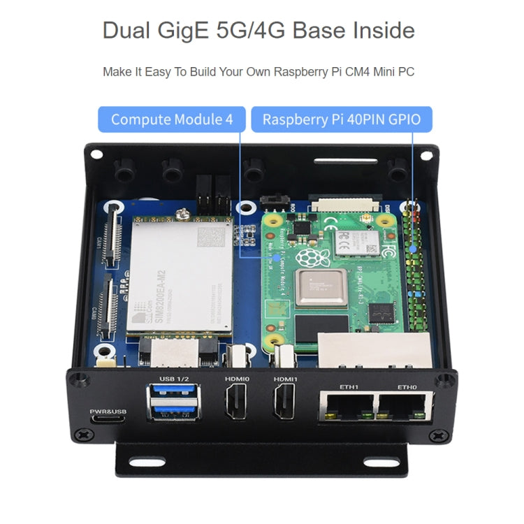 Waveshare Dual Gigabit Ethernet 5G/4G Computer Box with Cooling Fan for Raspberry Pi CM4(US Plug)
