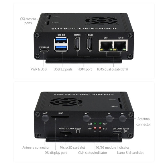 Waveshare Dual Gigabit Ethernet 5G/4G Computer Box with Cooling Fan for Raspberry Pi CM4(US Plug)