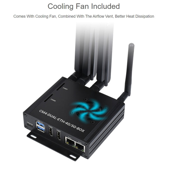 Waveshare Dual Gigabit Ethernet 5G/4G Computer Box with Cooling Fan for Raspberry Pi CM4(US Plug)