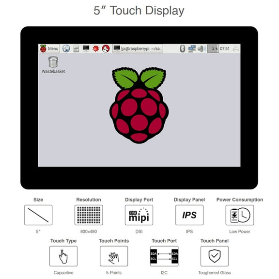 Waveshare 5 inch 800 x 480 Capacitive IPS Touch Display for Raspberry Pi, DSI Interface
