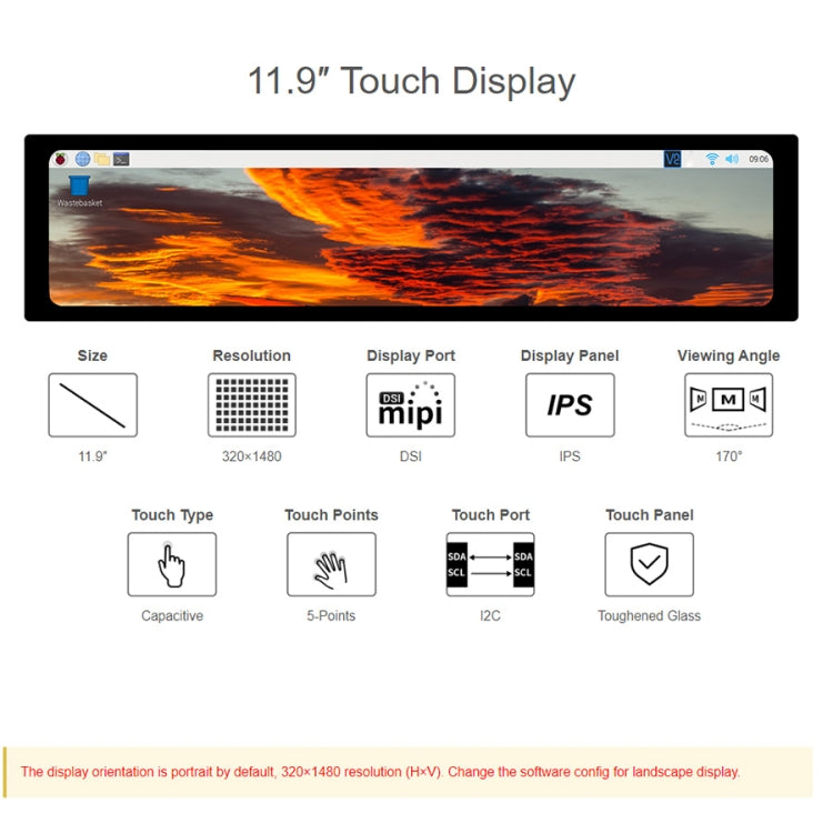 WAVESHARE 11.9 inch Capacitive Touch Display For Raspberry Pi, 320 x 1480, IPS, DSI Interface