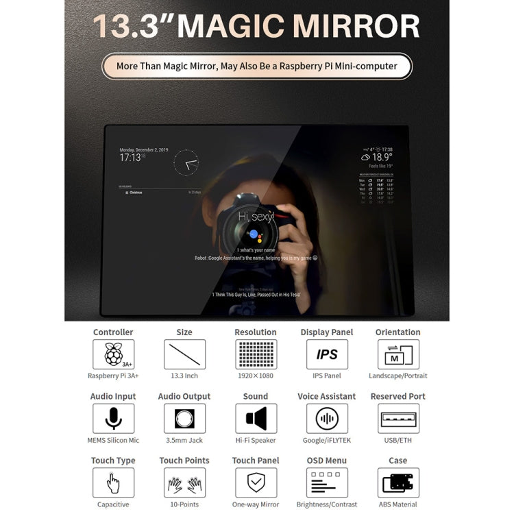 Waveshare 13.3 inch Magic Mirror, Voice Assistant, Touch Control(US Plug)