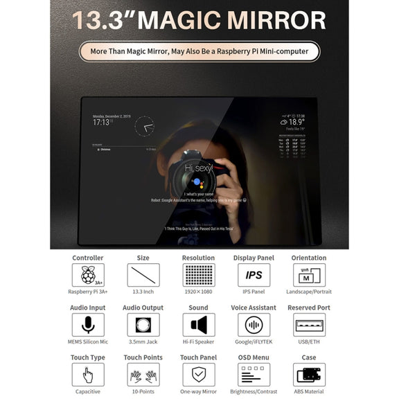 Waveshare 13.3 inch Magic Mirror, Voice Assistant, Touch Control(US Plug)