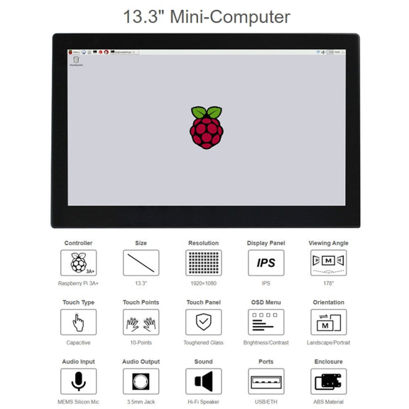 Waveshare 13.3 inch Mini-Computer Powered by Raspberry Pi 3A+, HD Touch Screen(US Plug)