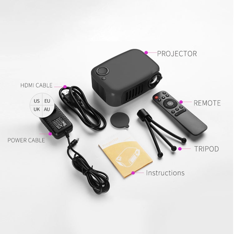 A2000 1080P Mini Portable Smart Projector Children Projector, AU Plug(Black)