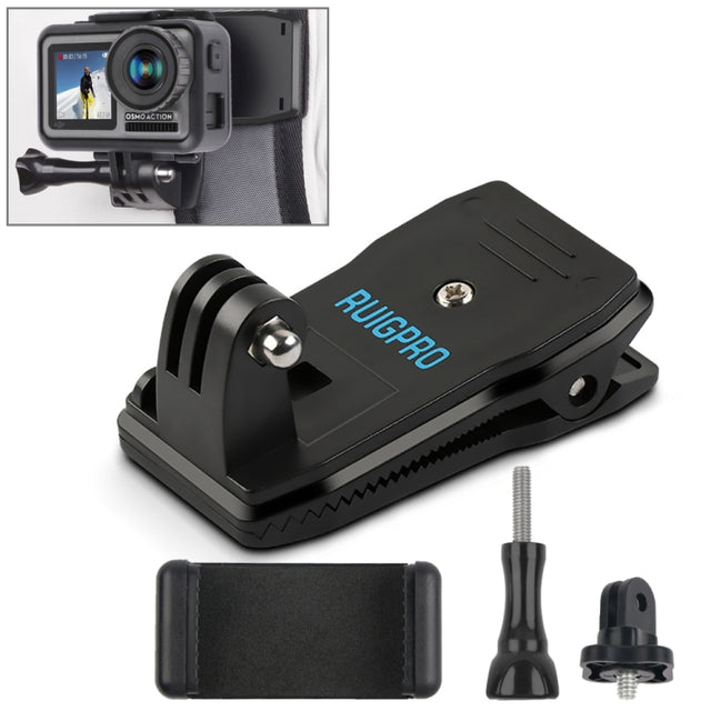 RUIGPRO 360 Degree Rotation Backpack Rec-Mounts Clip Clamp Mount + Phone Clamp for GoPro, Insta360, DJI and Other Action Cameras(Black)