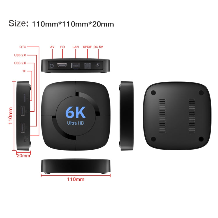 6K UHD Smart TV Box, Android 10.0, Allwinner H616 Quad Core, 2GB+8GB,US Plug