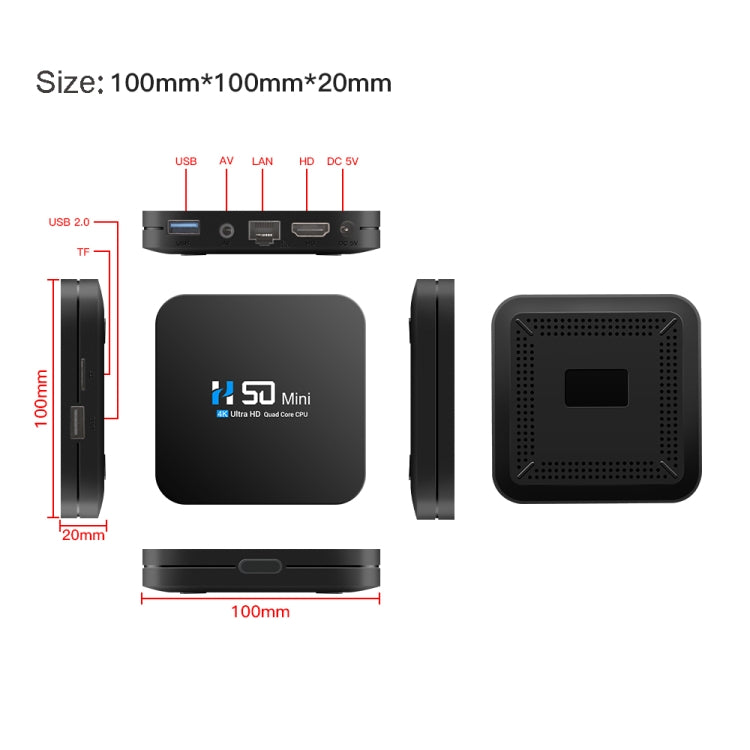 H50 Mini 4K Smart Network TV Box, Android 10.0, RK3318 Quad Core, 2GB+16GB, AU Plug