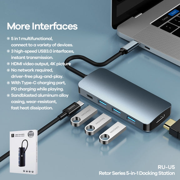 Remax RU-U5 5 In1 Multi-function Type-C / USB-C HUB Docking Station(Dark Grey)