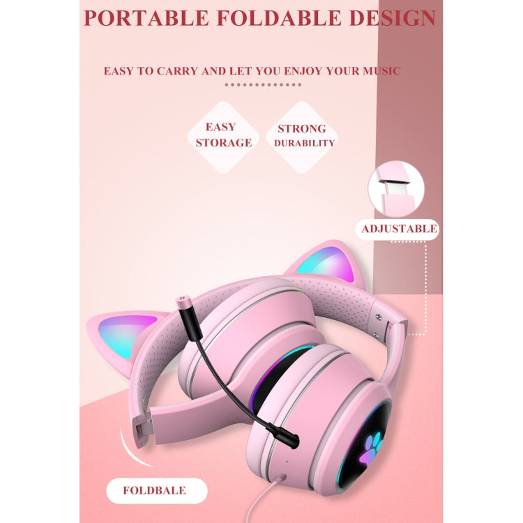 AKZ-022 USB + 3.5mm Port Cat Ear Design Foldable LED Headset with Mic(Light Blue)