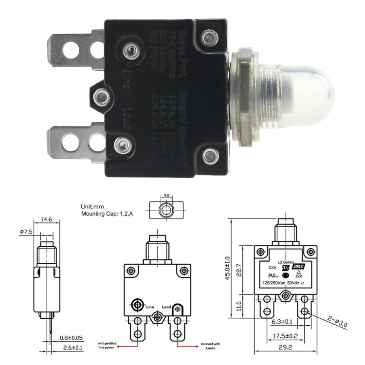 L2 Series 50V Car Overload Protector Manual Reset DC Circuit Breaker with Water-resistant Cover, Current:15A