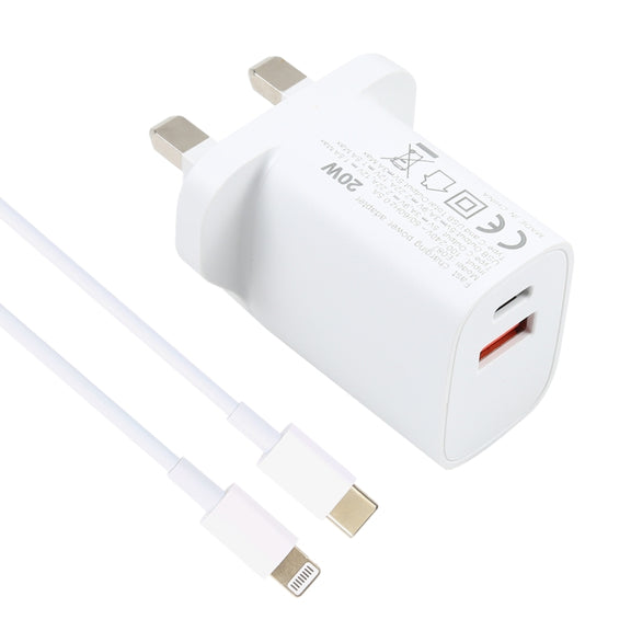 E087 20W USB-C / Type-C + USB Ports Charger with 100W Type-C to 8 Pin Fast Charging Cable 1m, UK Plug