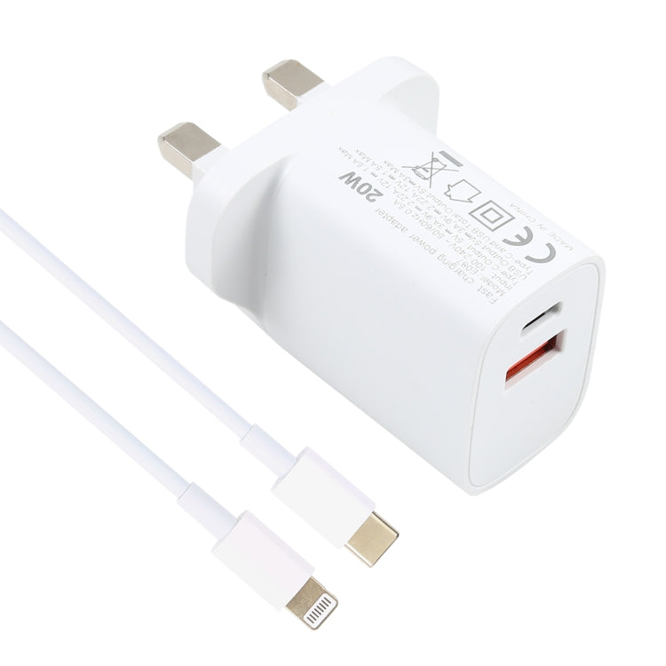 E087 20W USB-C / Type-C + USB Ports Charger with 100W Type-C to 8 Pin Fast Charging Cable 1m, UK Plug