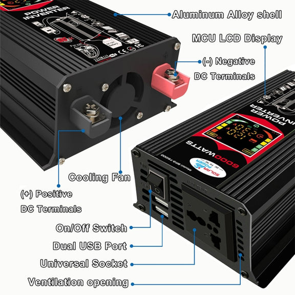 Tang III Generation 12V to 110V 6000W Modified Square Wave Car Power Inverter with LCD Display & Dual USB(Black)