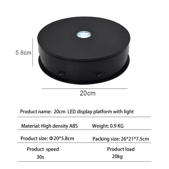 20cm Electric Rotating Turntable Display Stand LED Light Video Shooting Props Turntable, Power Plug:220V EU Plug(Black)