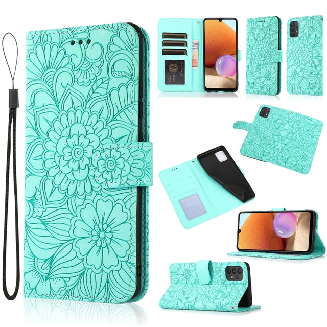 For Samsung Galaxy A32 4G Skin Feel Embossed Sunflower Horizontal Flip Leather Case with Holder & Card Slots & Wallet & Lanyard(Green)
