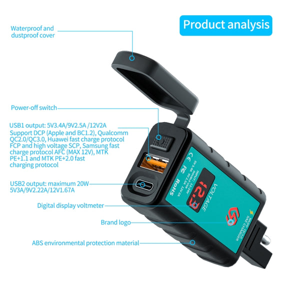 WUPP ZH-1422B1 DC12-24V Motorcycle Square Single USB + PD Fast Charging Charger with Switch + Voltmeter + Integrated SAE Socket
