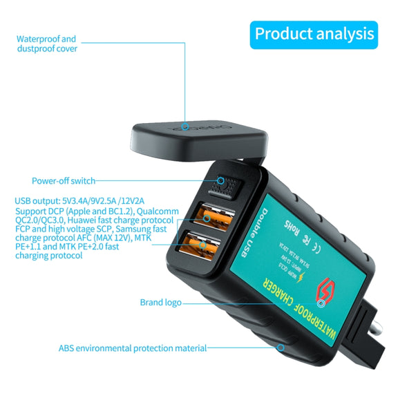 WUPP ZH-1422C1 Motorcycle Square Dual USB Fast Charging Charger with Switch + Integrated SAE Socket