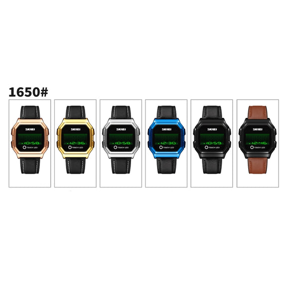 SKMEI 1650 Leather Strap Version LED Digital Display Electronic Watch with Touch Luminous Button(Gold)