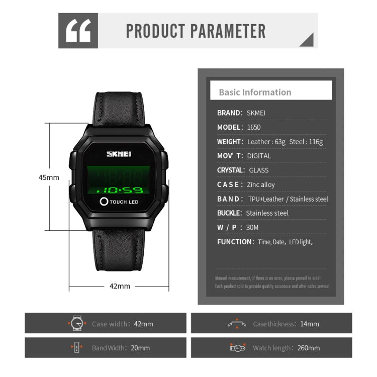SKMEI 1650 Leather Strap Version LED Digital Display Electronic Watch with Touch Luminous Button(Silver)