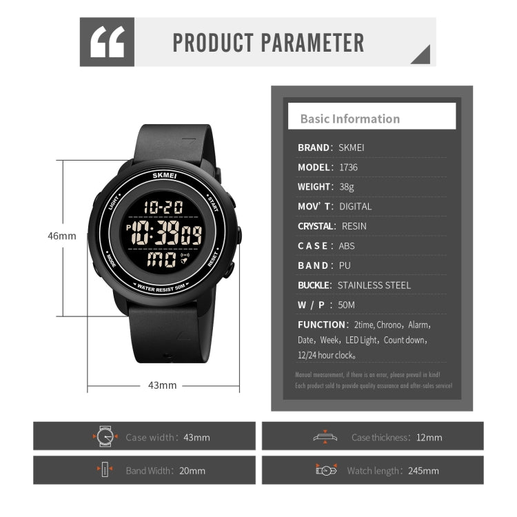 SKMEI 1736 Triplicate Round Dial Timing LED Digital Display Luminous Electronic Watch(Black)