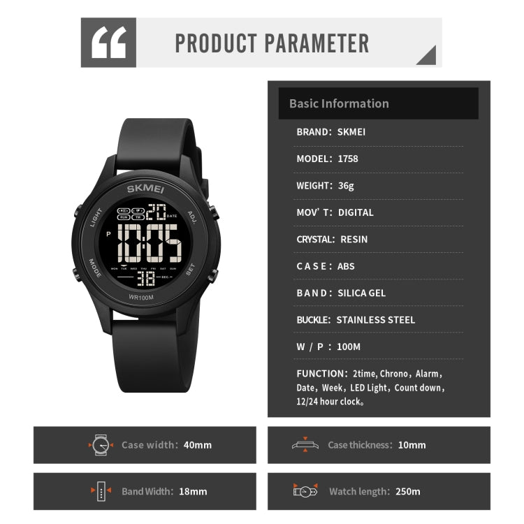 SKMEI 1758 Multifunctional LED Digital Display Luminous Silicone Strap Electronic Watch(Black Silver)
