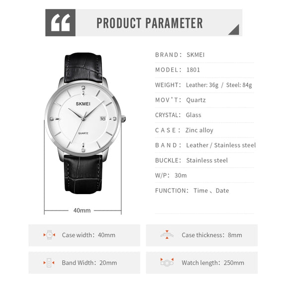 SKMEI 1801 Men Casual Calendar Quartz Watch(Silver Black)