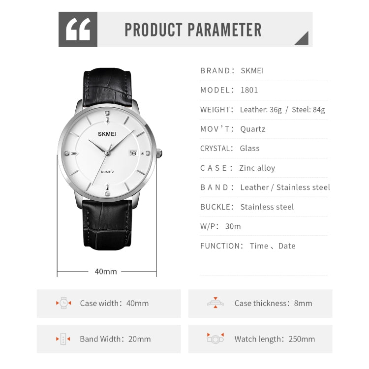 SKMEI 1801 Men Casual Calendar Quartz Watch(Silver Black)