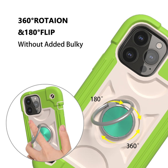 For iPhone 13 Shockproof Silicone + PC Protective Case with Dual-Ring Holder(Guava)