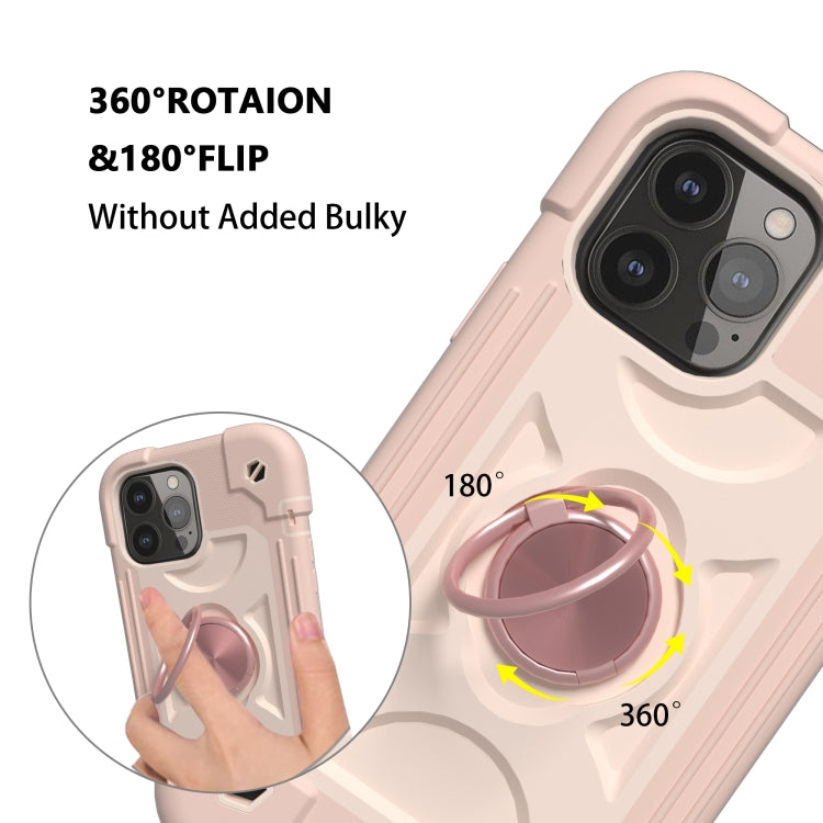 For iPhone 13 Shockproof Silicone + PC Protective Case with Dual-Ring Holder(Rose Gold)