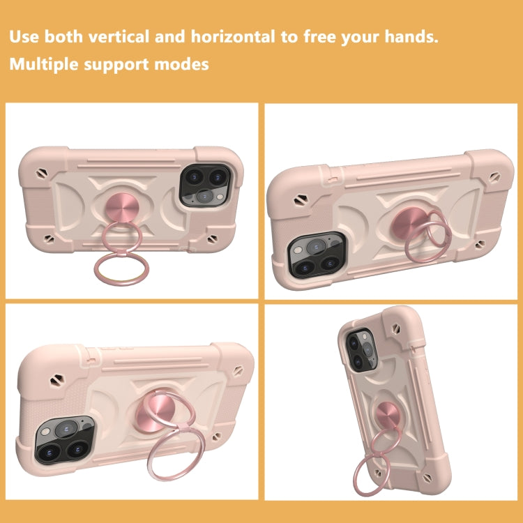 For iPhone 13 Shockproof Silicone + PC Protective Case with Dual-Ring Holder(Rose Gold)