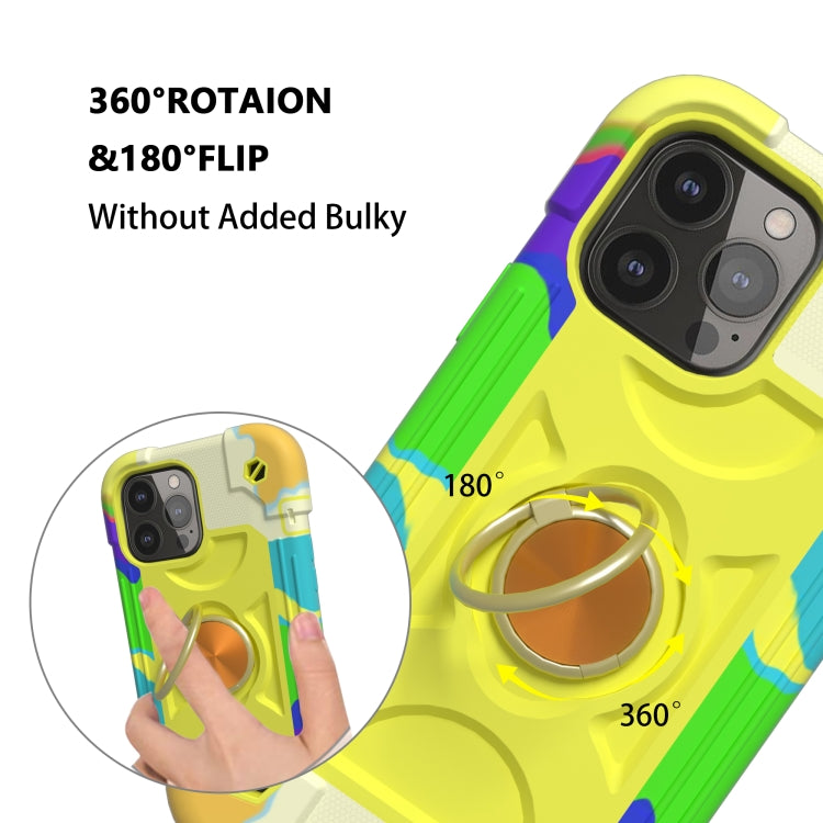 For iPhone 13 Shockproof Silicone + PC Protective Case with Dual-Ring Holder(Colorful Yellow Green)