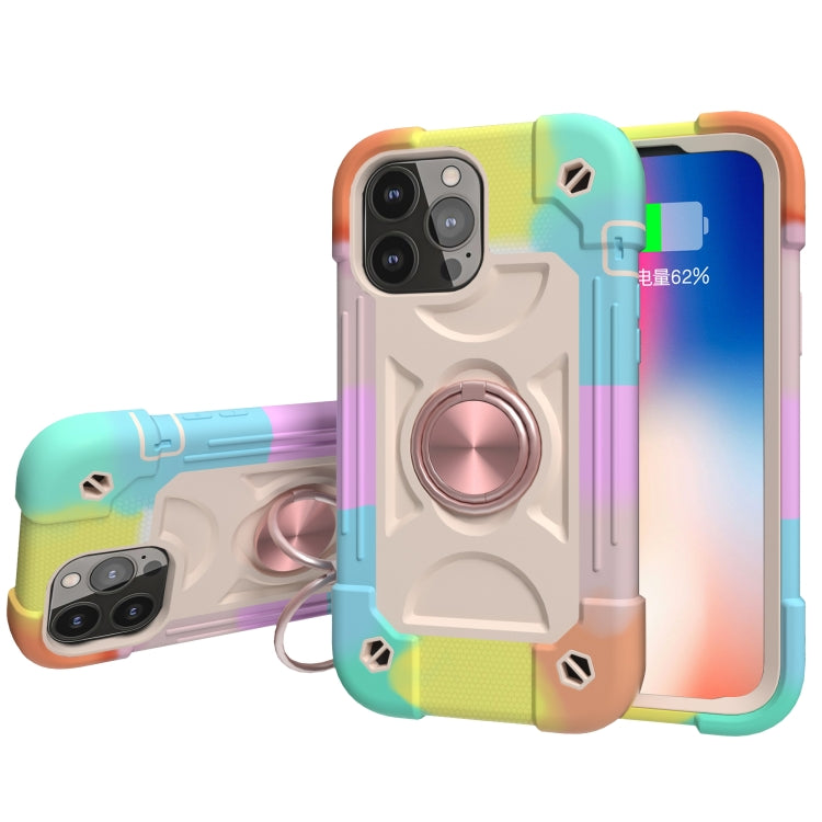 For iPhone 13 Shockproof Silicone + PC Protective Case with Dual-Ring Holder(Colorful Rose Gold)