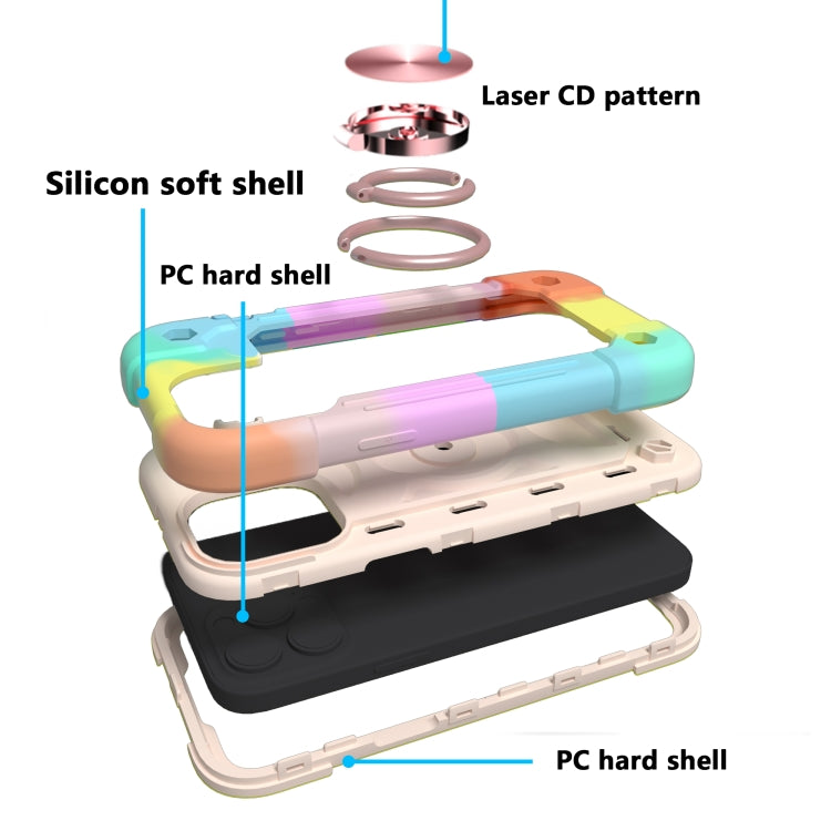 For iPhone 13 Shockproof Silicone + PC Protective Case with Dual-Ring Holder(Colorful Rose Gold)