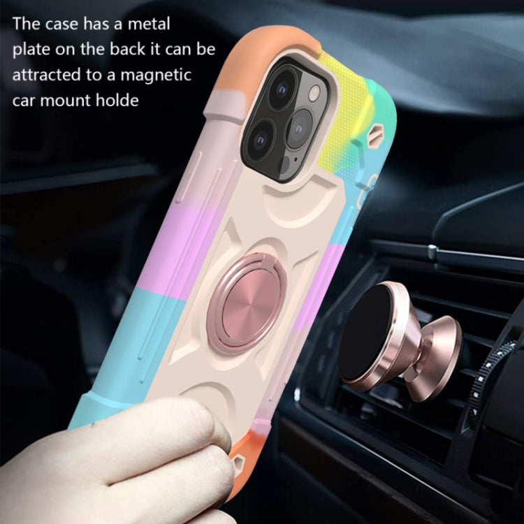 For iPhone 13 Shockproof Silicone + PC Protective Case with Dual-Ring Holder(Colorful Rose Gold)